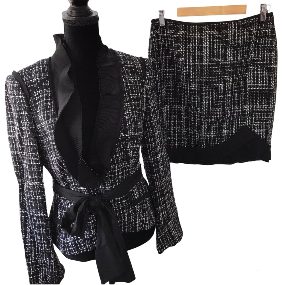 Black Tweed Ruffle-Trim Jacket & Skirt Set